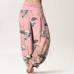 Buddha Stones Cotton Crane Fan Floral Pattern Women's Elastic Waist Harem Pants