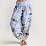 Buddha Stones Cotton Crane Fan Floral Pattern Women's Elastic Waist Harem Pants