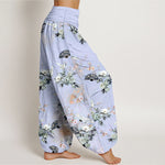 Buddha Stones Cotton Crane Fan Floral Pattern Women's Elastic Waist Harem Pants