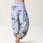 Buddha Stones Cotton Crane Fan Floral Pattern Women's Elastic Waist Harem Pants