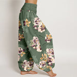 Buddha Stones Pure Cotton Vintage Floral Pattern Women's Elastic Waist Harem Pants
