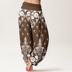 Buddha Stones Pure Cotton White Paisley Floral Pattern Women's Elastic Waist Harem Pants