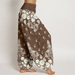 Buddha Stones Pure Cotton White Paisley Floral Pattern Women's Elastic Waist Harem Pants