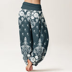 Buddha Stones Pure Cotton White Paisley Floral Pattern Women's Elastic Waist Harem Pants