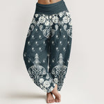 Buddha Stones Pure Cotton White Paisley Floral Pattern Women's Elastic Waist Harem Pants