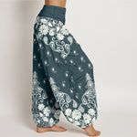 Buddha Stones Pure Cotton White Paisley Floral Pattern Women's Elastic Waist Harem Pants