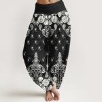 Buddha Stones Pure Cotton White Paisley Floral Pattern Women's Elastic Waist Harem Pants