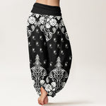 Buddha Stones Pure Cotton White Paisley Floral Pattern Women's Elastic Waist Harem Pants
