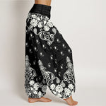 Buddha Stones Pure Cotton White Paisley Floral Pattern Women's Elastic Waist Harem Pants
