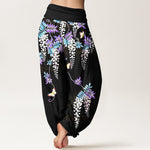 Buddha Stones Pure Cotton Wisteria Butterfly Pattern Women's Elastic Waist Harem Pants