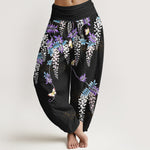 Buddha Stones Pure Cotton Wisteria Butterfly Pattern Women's Elastic Waist Harem Pants