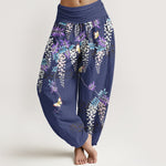 Buddha Stones Pure Cotton Wisteria Butterfly Pattern Women's Elastic Waist Harem Pants