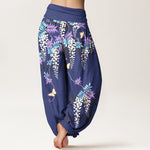 Buddha Stones Pure Cotton Wisteria Butterfly Pattern Women's Elastic Waist Harem Pants