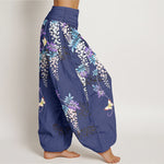 Buddha Stones Pure Cotton Wisteria Butterfly Pattern Women's Elastic Waist Harem Pants