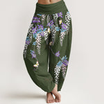 Buddha Stones Pure Cotton Wisteria Butterfly Pattern Women's Elastic Waist Harem Pants