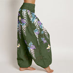 Buddha Stones Pure Cotton Wisteria Butterfly Pattern Women's Elastic Waist Harem Pants