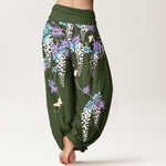 Buddha Stones Pure Cotton Wisteria Butterfly Pattern Women's Elastic Waist Harem Pants