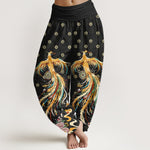 Buddha Stones Cotton Gold Phoenix Pattern Women's Elastic Waist Harem Pants