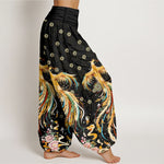 Buddha Stones Cotton Gold Phoenix Pattern Women's Elastic Waist Harem Pants