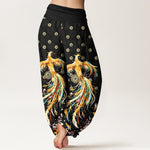 Buddha Stones Cotton Gold Phoenix Pattern Women's Elastic Waist Harem Pants