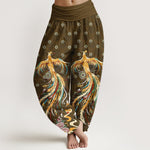 Buddha Stones Cotton Gold Phoenix Pattern Women's Elastic Waist Harem Pants