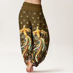 Buddha Stones Cotton Gold Phoenix Pattern Women's Elastic Waist Harem Pants