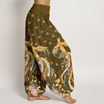 Buddha Stones Cotton Gold Phoenix Pattern Women's Elastic Waist Harem Pants
