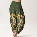 Buddha Stones Cotton Gold Phoenix Pattern Women's Elastic Waist Harem Pants
