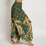 Buddha Stones Cotton Gold Phoenix Pattern Women's Elastic Waist Harem Pants
