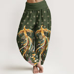 Buddha Stones Cotton Gold Phoenix Pattern Women's Elastic Waist Harem Pants