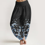 Buddha Stones Cotton Ocean Blue Wave Pattern Women's Elastic Waist Harem Pants