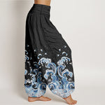 Buddha Stones Cotton Ocean Blue Wave Pattern Women's Elastic Waist Harem Pants