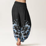 Buddha Stones Cotton Ocean Blue Wave Pattern Women's Elastic Waist Harem Pants