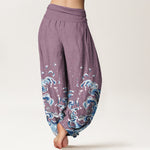 Buddha Stones Cotton Ocean Blue Wave Pattern Women's Elastic Waist Harem Pants