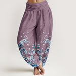 Buddha Stones Cotton Ocean Blue Wave Pattern Women's Elastic Waist Harem Pants