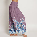 Buddha Stones Cotton Ocean Blue Wave Pattern Women's Elastic Waist Harem Pants