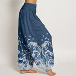 Buddha Stones Cotton Ocean Blue Wave Pattern Women's Elastic Waist Harem Pants