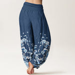 Buddha Stones Cotton Ocean Blue Wave Pattern Women's Elastic Waist Harem Pants