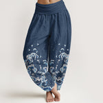 Buddha Stones Cotton Ocean Blue Wave Pattern Women's Elastic Waist Harem Pants