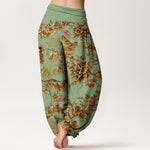 Buddha Stones Cotton Vintage DarkGoldenrod Floral Landscape Pattern Women's Elastic Waist Harem Pants