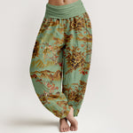 Buddha Stones Cotton Vintage DarkGoldenrod Floral Landscape Pattern Women's Elastic Waist Harem Pants