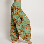 Buddha Stones Cotton Vintage DarkGoldenrod Floral Landscape Pattern Women's Elastic Waist Harem Pants