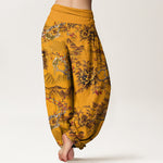 Buddha Stones Cotton Vintage DarkGoldenrod Floral Landscape Pattern Women's Elastic Waist Harem Pants