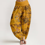 Buddha Stones Cotton Vintage DarkGoldenrod Floral Landscape Pattern Women's Elastic Waist Harem Pants