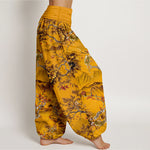Buddha Stones Cotton Vintage DarkGoldenrod Floral Landscape Pattern Women's Elastic Waist Harem Pants