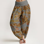 Buddha Stones Cotton Vintage DarkGoldenrod Floral Landscape Pattern Women's Elastic Waist Harem Pants