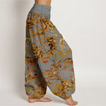 Buddha Stones Cotton Vintage DarkGoldenrod Floral Landscape Pattern Women's Elastic Waist Harem Pants