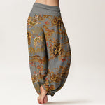 Buddha Stones Cotton Vintage DarkGoldenrod Floral Landscape Pattern Women's Elastic Waist Harem Pants
