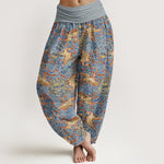 Buddha Stones Cotton Crane Auspicious Cloud Floral Pattern Women's Elastic Waist Harem Pants