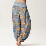 Buddha Stones Cotton Crane Auspicious Cloud Floral Pattern Women's Elastic Waist Harem Pants